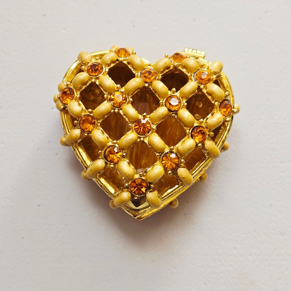 Heart Shape Trinket Miniature Jewelry Box Amber Rhinestones Gold-Tone Lattice